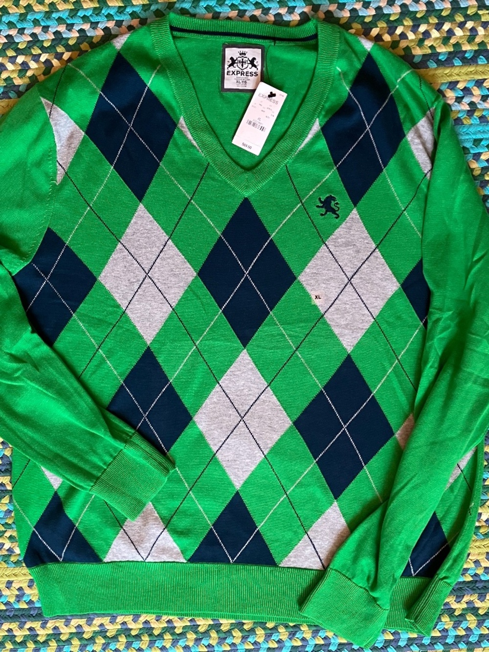 Express Men's Argyle V-Neck Sweater Green Navy Gray XL NWT (or unisex jumper)